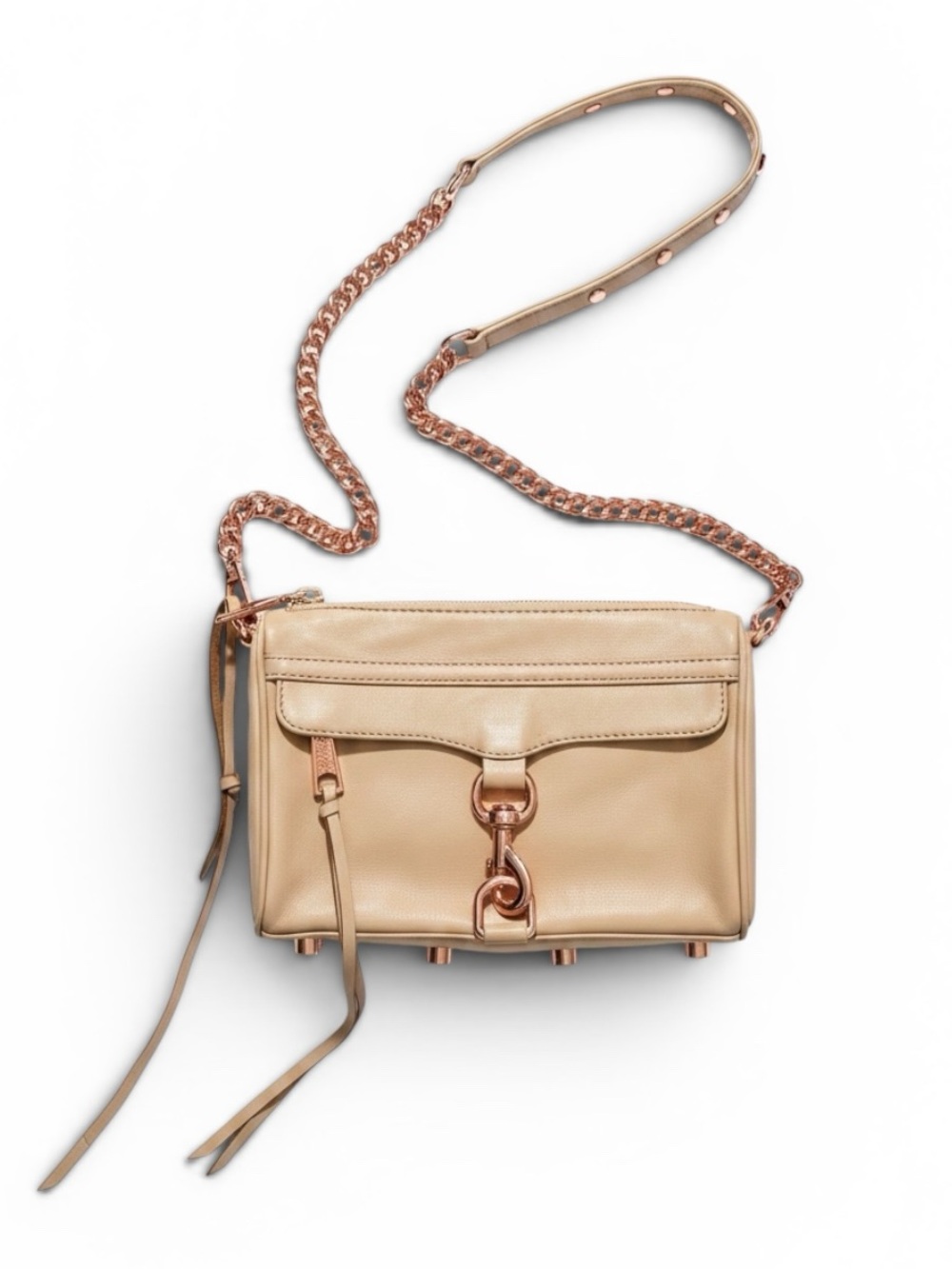 Rebecca Minkoff Mini MAC Crossbody Bag Beige Leather Rose Gold Hardware